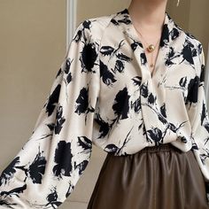 Bianca Black Floral Print Blouse - 3 Colors Satin Shirts For Women, Raglan Sleeve Top, Costume Intero, Satin Shirt, Satin Blouse, Floral Print Blouses, Lantern Sleeve, V Neck Blouse, Print Blouse