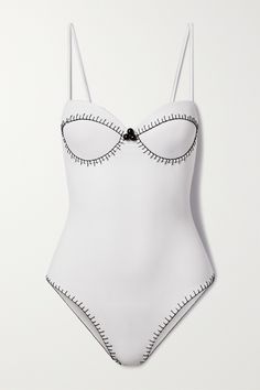 Marysia's 'Salento' swimsuit is made from white seersucker contrasted by black embroidery and embellished with a trio of glossy beads. It's designed with underwired, padded cups for support and turns to reveal a cutout back. The briefs offer medium coverage. Beaded Swimsuit, Chanel Swimsuit, Dress Reference, Luxury Swimsuits, Bathing Suit Designs, Swimsuit Body, Hand Beaded Embroidery, Green Swimsuit, Swimsuit Design