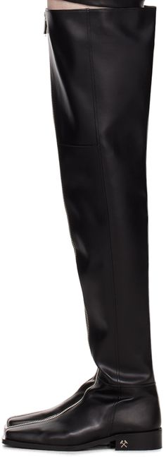 Over-the-knee grained faux-leather boots in black. · Square toe · Zip closure · Faux-leather lining · Logo hardware at stacked leather heel · Leather sole · Heel: H1.5 in Available exclusively at SSENSE. Supplier color: Black Leather Knee-high Platform Boots With Zipper, Faux Leather Knee-high Boots For Work, Faux Leather Knee-high Boots With Leather Lining For Work, Knee-high Moto Boots For Workwear, Faux Leather Knee-high Boots For Business, Knee-high Platform Boots With Zipper For Work, Knee-high Faux Leather Business Boots, Black Mid-calf Boots With Zipper For Work, Black Zipper Mid-calf Boots For Work