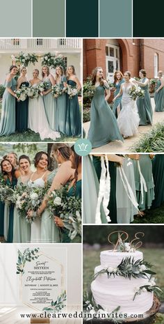 a collage of photos with green and white wedding color palettes for the bride