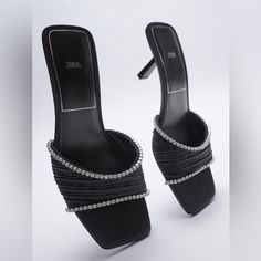 Zara Sparkly Heeled Sandals Stud Trim Lightly Padded Footbed 3in. Heel Open Toe New With Tag Size : 8us Sparkly Heels, Zara Shoes, Zara Black, Heeled Sandals, Open Toe, Sandals Heels, Zara, Trim, Sandals