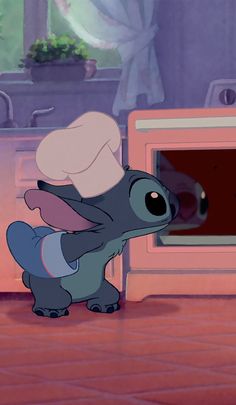 an animated image of stitch and stitch cooking in front of the oven with one hand on it's hip