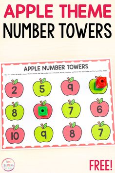 an apple themed number tower is shown with the numbers 1 - 10 on it and two to