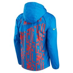 Grab this AWF full-zip jacket from Nike for a lightweight layer filled with Barcelona spirit. Its breathable fabric combined with raglan sleeves creates a sleek hoodie that's easy to move in. Plus, the water-repellent shell and durable fabric help protect you from wild weather. Best of all, the striking Barcelona graphics and sublimated design enhance your undeniable pride. Machine wash, tumble dry low Two side pockets Officially licensed Water-repellent Long sleeve Hood with drawstring Material Nike Nylon Track Jacket With Drawstring Hood, Waterproof Hooded Track Jacket Sportswear, Waterproof Hooded Track Jacket, Nike Outdoor Track Jacket With Drawstring Hood, Nike Technical Moisture-wicking Outerwear, Nike Sportswear Outerwear With Drawstring Hood, Sport Long Sleeve Outerwear With Ykk Zipper, Nike Hooded Windbreaker With Moisture-wicking, Nike Hooded Moisture-wicking Windbreaker