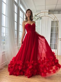 Red A-Line dress with embroidery and no sleeves Elegant Red Tulle Gown, Red Tulle Gown With Fitted Bodice, Red Fitted Organza Ball Gown, Red Princess Tulle Gown, Red Ruffled Wedding Gown, Crimson Wedding, Red Tulle Dress, 2021 Prom Dresses, Rose Gown