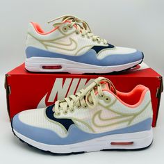 Excellent Used Condition.... Nike Air Max 1 Ultra 2.0 Si Model Is Created Almost Entirely Seamlessly, From A Combination Of Textile And Synthetic Materials. The Unique Design Creates A Combination Of Pastel Colors With Navy Blue Inserts On The Upper And Sole. Sku / Box Colors With Navy Blue, Glow Shoes, Nike Air Max 1, Synthetic Materials, Air Max 1, White Nikes, Pastel Colors, Air Max, Nike Air Max