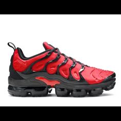 Nike Air Vapormax Plus University Red Black Shoes Great Condition Dynamic Running Shoes With Red Sole, Red Outdoor Sneakers With Branded Insole, Nike Red Running Shoes With Abzorb Midsole, Red Synthetic Sneakers With Air Cushioning, Red Dynamic Low-top Custom Sneakers, Red Leather Running Shoes With Round Toe, Dynamic Red Sneakers With Round Toe, Red Leather Running Shoes With Cushioned Footbed, Dynamic Red Round Toe Sneakers