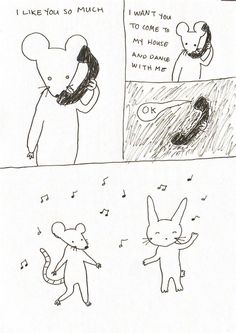 a comic strip with an image of a mouse talking on the phone and another cartoon drawing