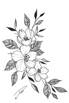 a black and white drawing of flowers with leaves