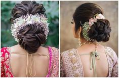 two pictures of the back of a woman's head with flowers in her hair