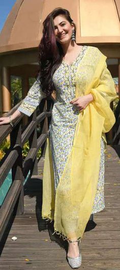 White and Off White, Yellow color Salwar Kameez in Cotton fabric with Printed work Yellow Dupatta, Cotton Salwar Kameez, Woman Outfit, White Kurta, Kurtis With Pants, Printed Kurti, Dupatta Set, Indian Bollywood, Kurta With Pants