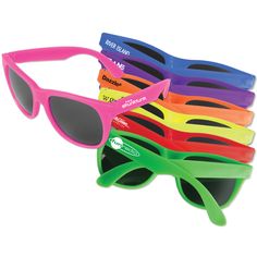 Always be in style with these fun-in-the-sun style glasses while protecting eyes from harmful rays from the sun. The vibrant colors help to stand out in the crowd. Features dark, ultraviolet protective lenses with a UV Rating of 400. Ideal for summer apparel shops, sporting good stores, beach festivities and surf shops. Evans Manufacturing | 901 SWEET SUNGLASSES | Made in the USA | Full Color Process | More Outdoor Promo Products at https://www.evans-mfg.com/en_us/category/outdoor-1 Surf Shops, Neon Sunglasses, Swag Ideas, Trade Show Giveaways, Summer Apparel, Style Glasses, Sunglasses Strap, Holy Cow, Spirit Wear