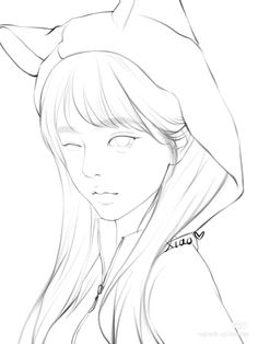 a drawing of a girl with long hair wearing a cat ears hat and looking at the camera