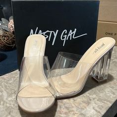 Selling Block Heeled , Clear Sandals! Never Worn! Size 6.5! Clear Open Heel Sandals For Night Out, Chic Clear Sandals For Night Out, Clear Open Toe Synthetic Heels, Clear Open Heel Beach Heels, Spring Clear Sandals With 4-inch Heel, Casual Sandals With 4-inch Heel For Party, Casual Clear Open Toe Heels, Spring Clear Open Toe Heels, Clear Strap Sandals For Night Out