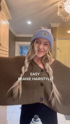 How To Style Long Hair With A Baseball Hat, Hairstyles To Wear With A Winter Hat, Bubble Braid With Beanie, Winter Cap Hairstyles, Hair With Winter Hat, Cute Hairstyles For Snowboarding, Hair For Helmets Hairstyles