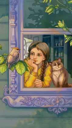 a painting of a girl looking out the window with her cat and bird on it