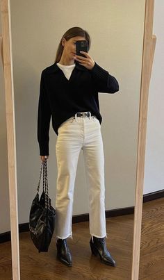 Commute Outfit To Work, White Jeans Black Sweater, Modern Muse Outfit, Classic Daily Outfit, White Jean Autumn Outfit, Business Boots Outfit, Off White Pants Outfit Winter, Sweater Date Night Outfit, White Tee Under Sweater