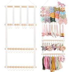 Product Description WHY HEADBANDS HOLDER ORGANIZER FOR BABY GIRLS? Large storage capacity-30 hooks hold up to 60 baby headbands. Well-designed-Keep the headband on display and easy to take pictures. Cute design-Round wooden stick Soft cotton strap, will not hurt baby and headband bow. Easy to assemble-Just tie string and cotton tape around each row of sticks, and use thick string to hang it on doors, walls, closets. Large Storage Capacity This headbands and bows holder can hold up to 60 pcs hair Baby Headband Storage, Baby Headband Holders, Headband Storage, Hair Bow Organizer, Headband Organizer, Hair Accessories Storage, Bow Organizer, Organizing Hair Accessories, Toddler Girl Room