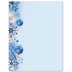 a blue christmas card with ornaments and snowflakes on the bottom, in front of a white background