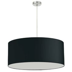 a black drum light hanging from the ceiling