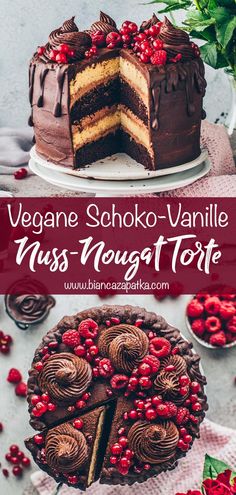 vegan chocolate vanilla nutella cake with cranberries on the side and text overlay that reads vegan chocolate vanilla nutella cake