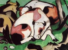 a painting of cows laying down in the grass