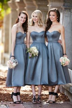 the bridesmaids are wearing different styles of dresses