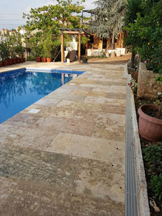 an empty swimming pool in the middle of a garden with potted plants on either side