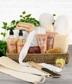 a basket filled with personal care items on top of a table