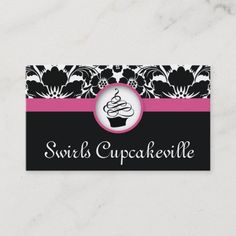 a black and white cupcake business card with pink ribbon on the bottom that says swirls cupcakevillee