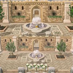 an artist's rendering of a fountain and seating area in a castle like setting