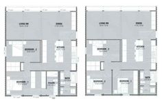 the floor plan for an apartment building with two levels and three bedroom apartments on each level