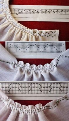 three pieces of fabric with different stitching patterns on the edges and in between them