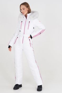 This sport snowsuit  for women is perfect for cold winter days. Made from rainwear, waterproof fabric and insulated with polyester filler, this fitted white ski suit was made to take on the cold. Its super cute and understated silhouette takes this minimal, jumpsuit to another level. The zipper closure and elasticized belt add just the right amount of details to this timeless apparel. The ski suit has reflective elements. Plus additional pockets for your phone and skipass. The ski suit has also a hood trimmed with fur. You can choose the color of the fur when purchasing this jumpsuit. Choose your size from the chart and show the world you believe that cold winter days are meant for stylish displays! And if on top of this, you are a passionate skier or snowboarder, this ski suit will be the Snow Boarding Outfits Woman, Snowsuits For Women, Cute Ski Outfits For Women, Cute Ski Outfits, Snowsuit Women, Ski Outfit For Women, Ski Trip Outfit, Jumpsuit Winter, Ski Jumpsuit