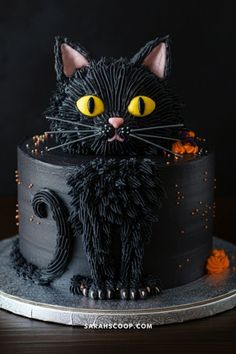 a black cat cake with yellow eyes and sprinkles