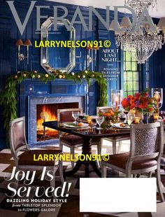 the front cover of veranna magazine featuring an elegant dining room with fireplace and chandelier