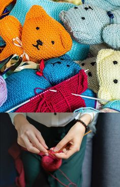 there are many stuffed animals on the table and someone is knitting them with their hands