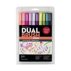 the dual brush pens are set in a plastic package, with different colors and designs