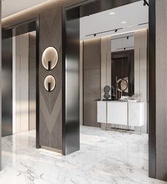 an elegant bathroom with marble floors and walls