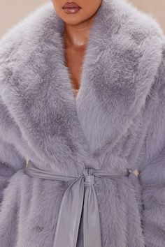 Available In Purple, Grey, And Pink. Jacket Long Sleeve Belted Lined Faux Fur Non Stretch Shell: 100% Polyester Lining: 95% Polyester 5% Spandex Imported | Farah Faux Fur Coat in Grey size XL by Fashion Nova Fitted Faux Wrap Winter Outerwear, Grey Fur Coat, Jacket Long, Pink Jacket, Faux Fur Jacket, Purple Grey, Faux Fur Coat, Smokey Eye, Grey Fashion