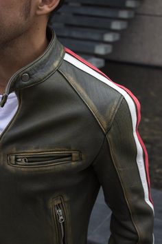 Retro Leather Jacket, Striped Leather Jacket, Jackets Design, Leather Jacket Biker, Biker Fashion, Cafe Racer Jacket, Men Jackets, Retro Jacket, Mens Fashion Rugged