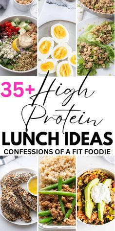 a collage of photos with the words high protein lunch ideas on top and below