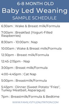 the baby led weaning sample schedule is shown in blue, white and black