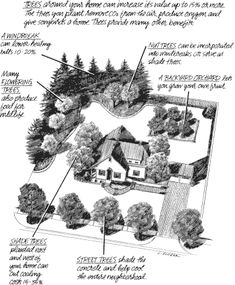 a drawing of a house with trees and other things in it, including the ground plan