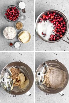 four pictures showing how to make cranberry ice cream in a mixing bowl with ingredients