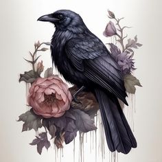 a black bird sitting on top of a flower next to a white wall with dripping paint