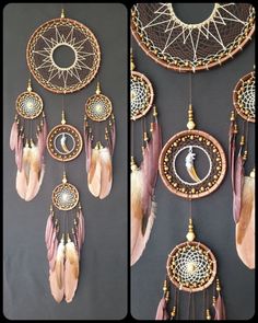 two pictures of dream catchers with feathers hanging from them