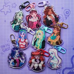 OH MY GHOUL! Its keychains! 2.5 inch epoxy charms  IMPORTANT NOTE: Ghoulia is the only one with no epoxy finish IMPORTANT NOTE: You can have the option to purchase all ghouls but EXCLUDING Draculaura (SOLD OUT) Frankie, Clawdeen, Ghoulia, Lagoona, Cleo, Spectra, Operetta, and Abbey *colours may vary in real life* Aurora Moodboard, Monster High Items, Monster High Merch, Monster High Keychain, Monster High Backpack, Epoxy Keychains, Glitter Keychains, Monster High Doll Collection, Character Keychain