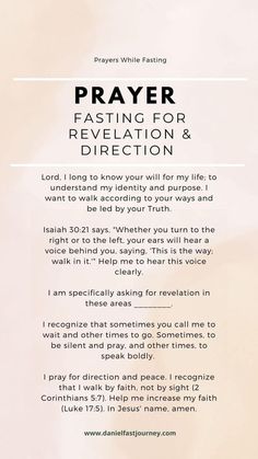 a prayer card with the words prayer fasting for revaletion and direction on it