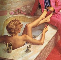 a man in a pink suit sitting next to a woman in a bathtub with shoes on